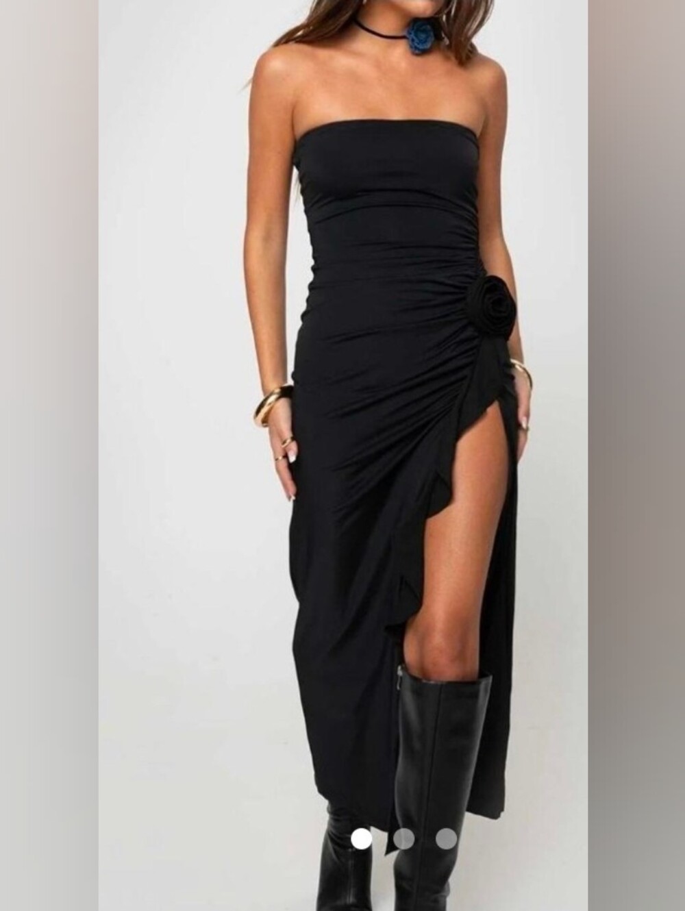 Princess Polly Samirah black maxi Strapless maxi dress with flower Detail Size 6